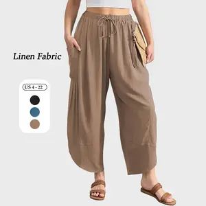 TARSE Women's Linen Pants Harem Casual Loose Fit Drawstring Elastic Waist Wide Leg Fall Boho Beach Travel with Pockets Basic Baggy Bottoms