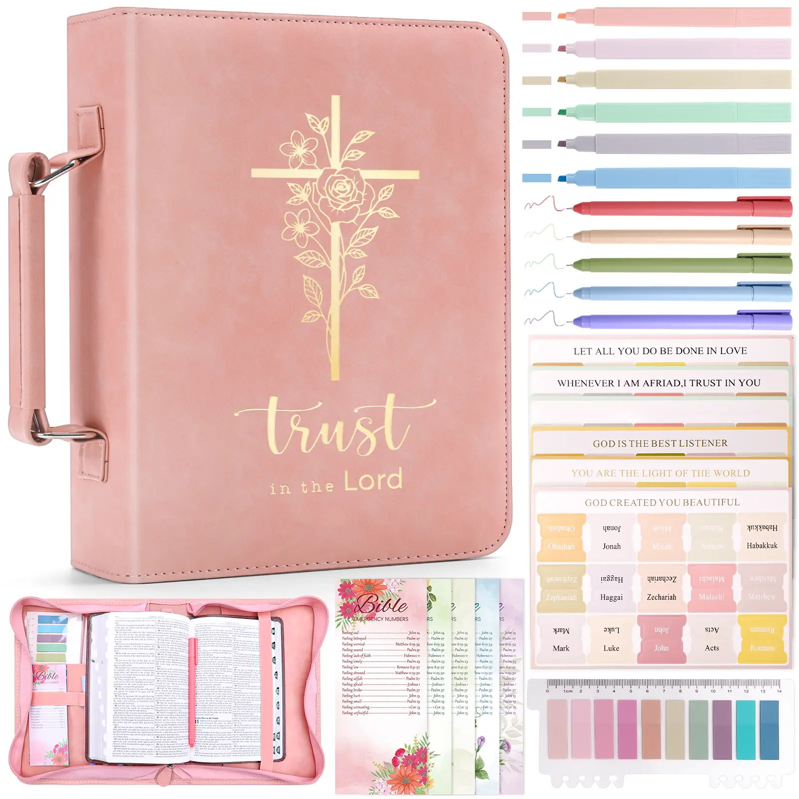 XKDOUS Bible Cover Case with 24PCS Study Essentials, Large Leather Bible Bag for Women and Men, Christian Book Protector with Marker Set and Bible Tabs zipper gift