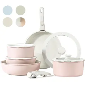 CAROTE 11/18pcs Detachable Handle Nonstick Cookware Set, Blue/Pink/Green/Black/Taupe/White/Red, Pots and Pans with Silicone Lids