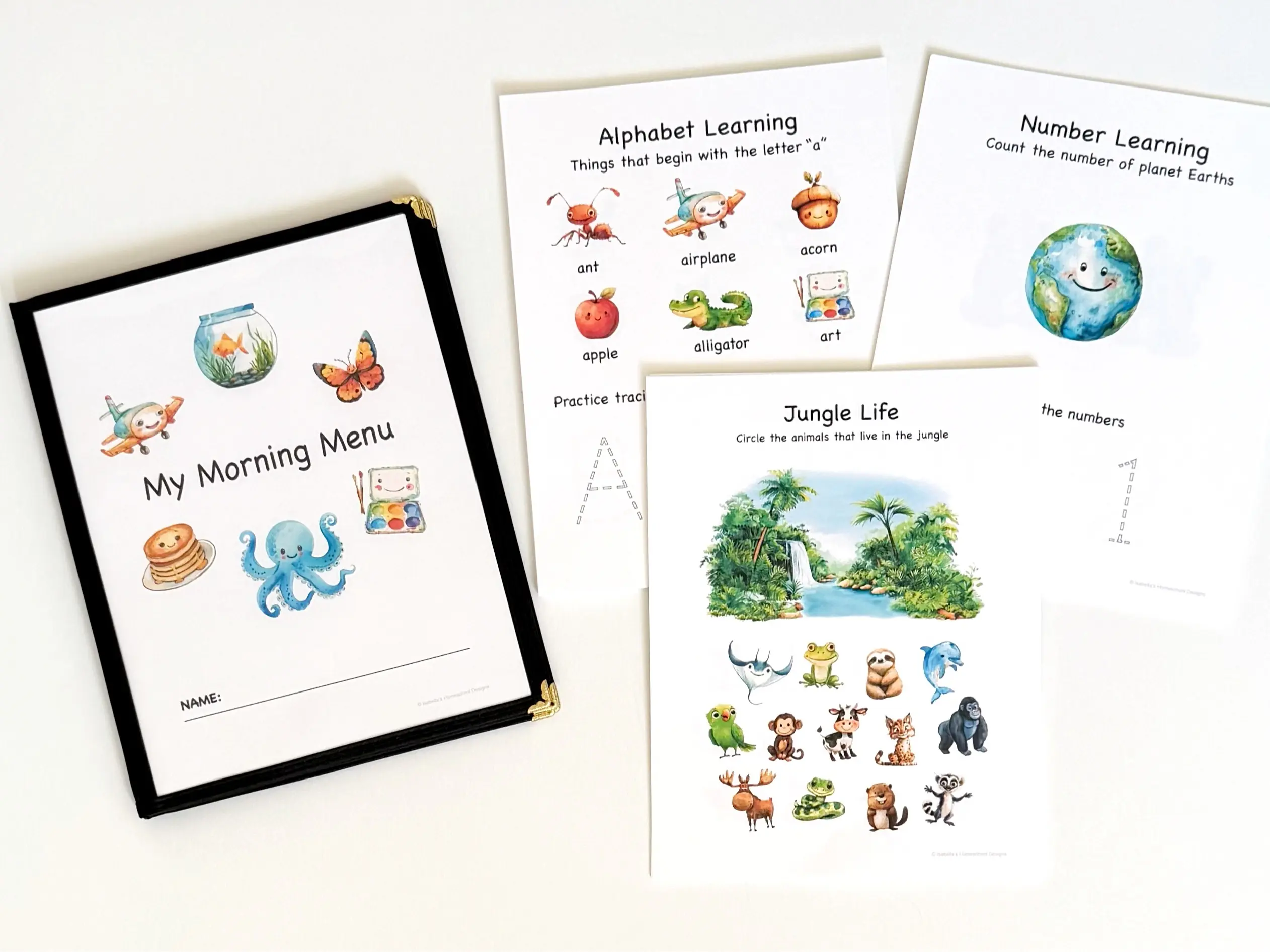 Personalized Toddler Morning Menu Bundle with 70 Activity Pages | Toddler Busy Book|Toddler Workbook|Homeschool Curriculum