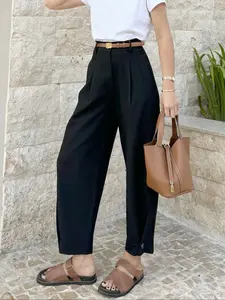 High Waisted Black Pleated Pants for Women Loose Tapered Casual Fitted Trousers Button Hem Casual Chic Streetwear Workwear Style Elegant Minimalist Office Pants Casual Chic Bottoms