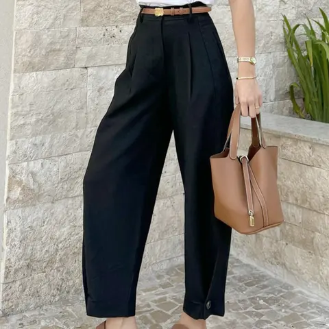 Women's High-Waisted Black Pleated Barrel Pants Bottom, Elegant Minimalist Solid Button‑Cuff Cropped Trousers, Loose Fit for Office & Daily Wear, Streetwear & Workwear Style, Casual Trousers