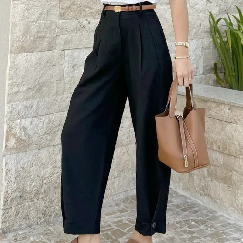 Women's High-Waisted Black Pleated Barrel Pants Bottom, Elegant Minimalist Solid Button‑Cuff Cropped Trousers, Loose Fit for Office & Daily Wear, Streetwear & Workwear Style, Casual Trousers