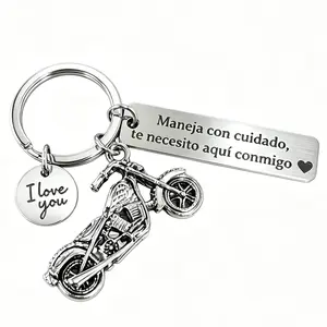 Spanish Drive Safe Keychain "I Love You" & "Te Necesito Aquí Conmigo"Motorcycle Stainless Steel Keyring - Romantic Gift for Boyfriend Husband
