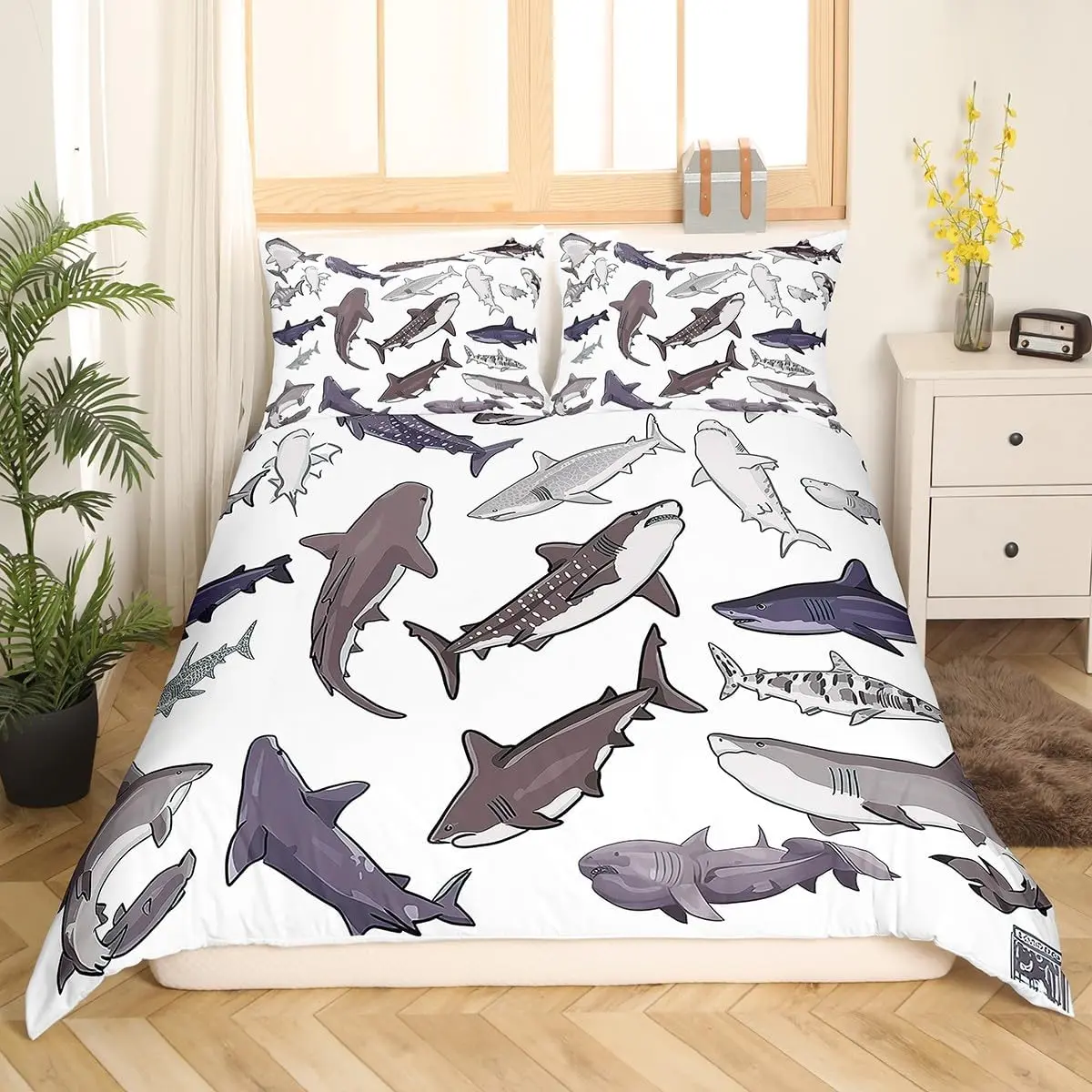 Ocean Shark Bedding Set Gray White Shark Duvet Cover Set Sea Creature Sealife Comforter Cover Animal Printed Quilt Cover Bedroom Collection