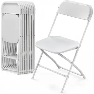10 Pack White Plastic Folding Chair, Indoor Outdoor Portable Stackable Commercial Seat with Steel Frame 350lb. Capacity for Events Office Wedding Party Picnic Kitchen Dining Folding Plastic Chair with 500-Pound Capacity, White, 10-Pack