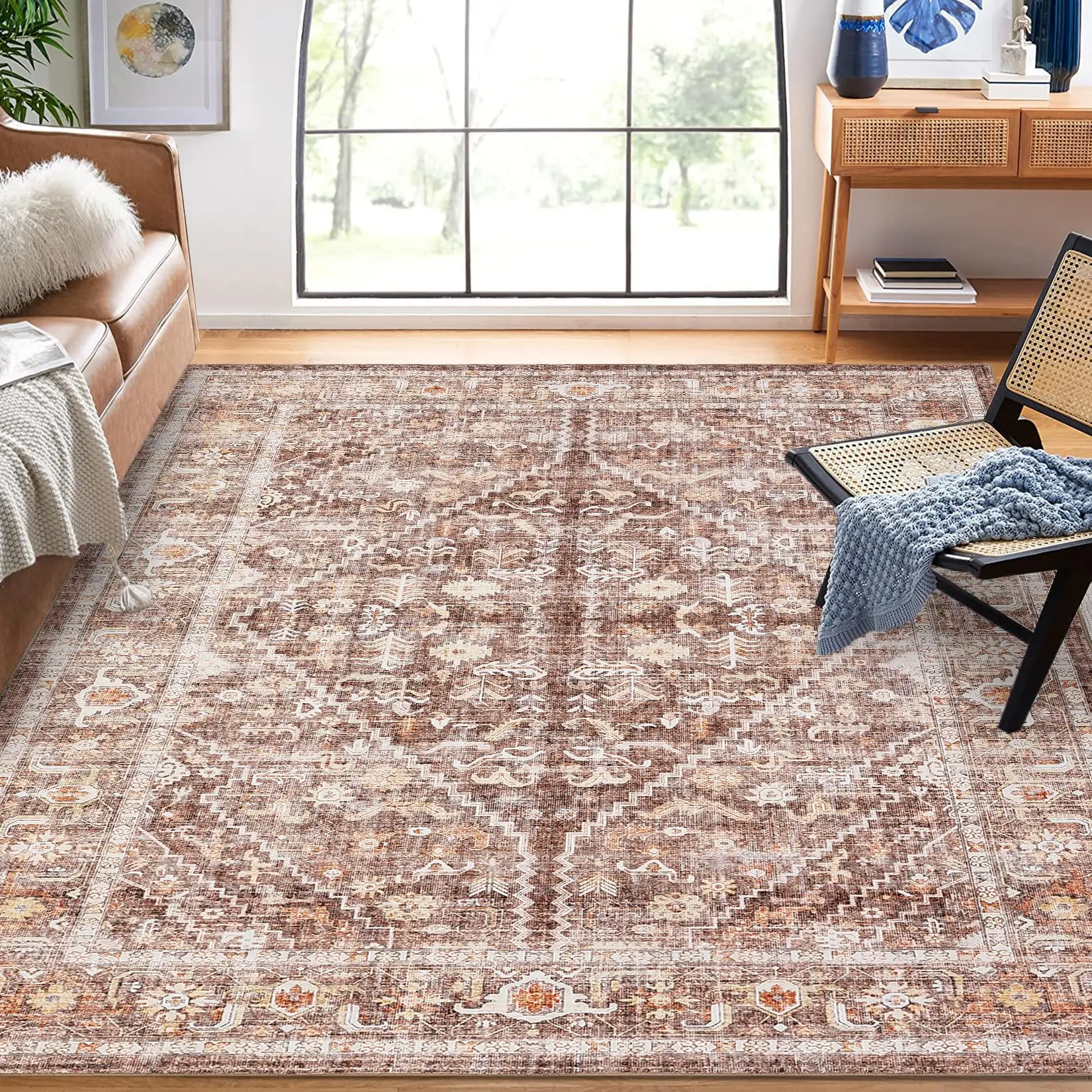 【GARVEE】6x9 Area Rugs for Living Room Machine Washable Vintage Oriental Rugs Low Pile Non Slip Floor Carpet Stain Resistant Non Shedding Office Carpet for Dining Room Nursery, Beige