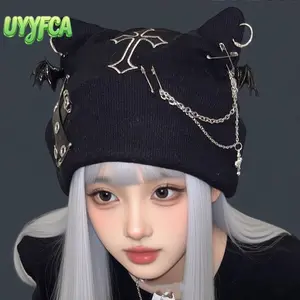 UYYFCA Women's Gothic Cat Ear Knit Beanie with Cross Embroidery, Metal Chain Bat Charm and Safety Pin Decor, Y2K Grunge Alt Fashion Warm Winter Hat for Street Style, Concerts, Cosplay and Daily Wear beach outfits summervibes,summerwins