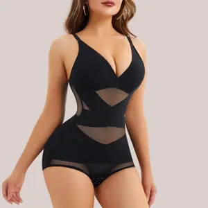 Women's Lace Trim Tummy Control Bodysuit - Seamless V-Neck, Breathable Mesh Camisole, Snap Closure Full Body Shaper, Body-Hugging, Control, Padded Shapewear Bodysuit, Body-Hugging Shapewear Bodysuit