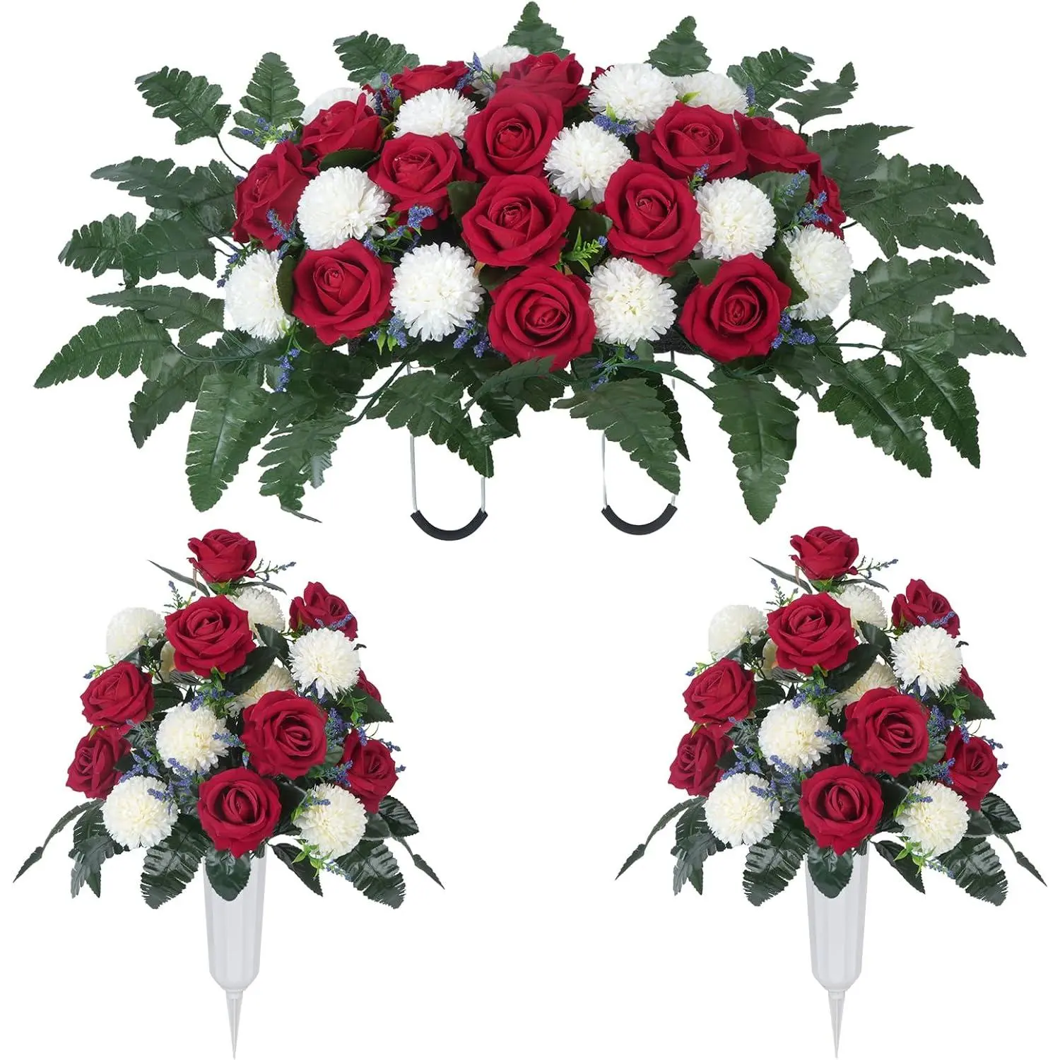 Artificial Cemetery Flower Headstone Flower Saddle 2 Chrysanthemum Rose Bouquets with Vase Memorial Flowers Grave Saddles for Headstone Outdoor Grave Tombstone Decor (Red White)