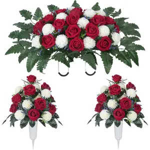 Artificial Cemetery Flower Headstone Flower Saddle 2 Chrysanthemum Rose Bouquets with Vase Memorial Flowers Grave Saddles for Headstone Outdoor Grave Tombstone Decor (Red White)