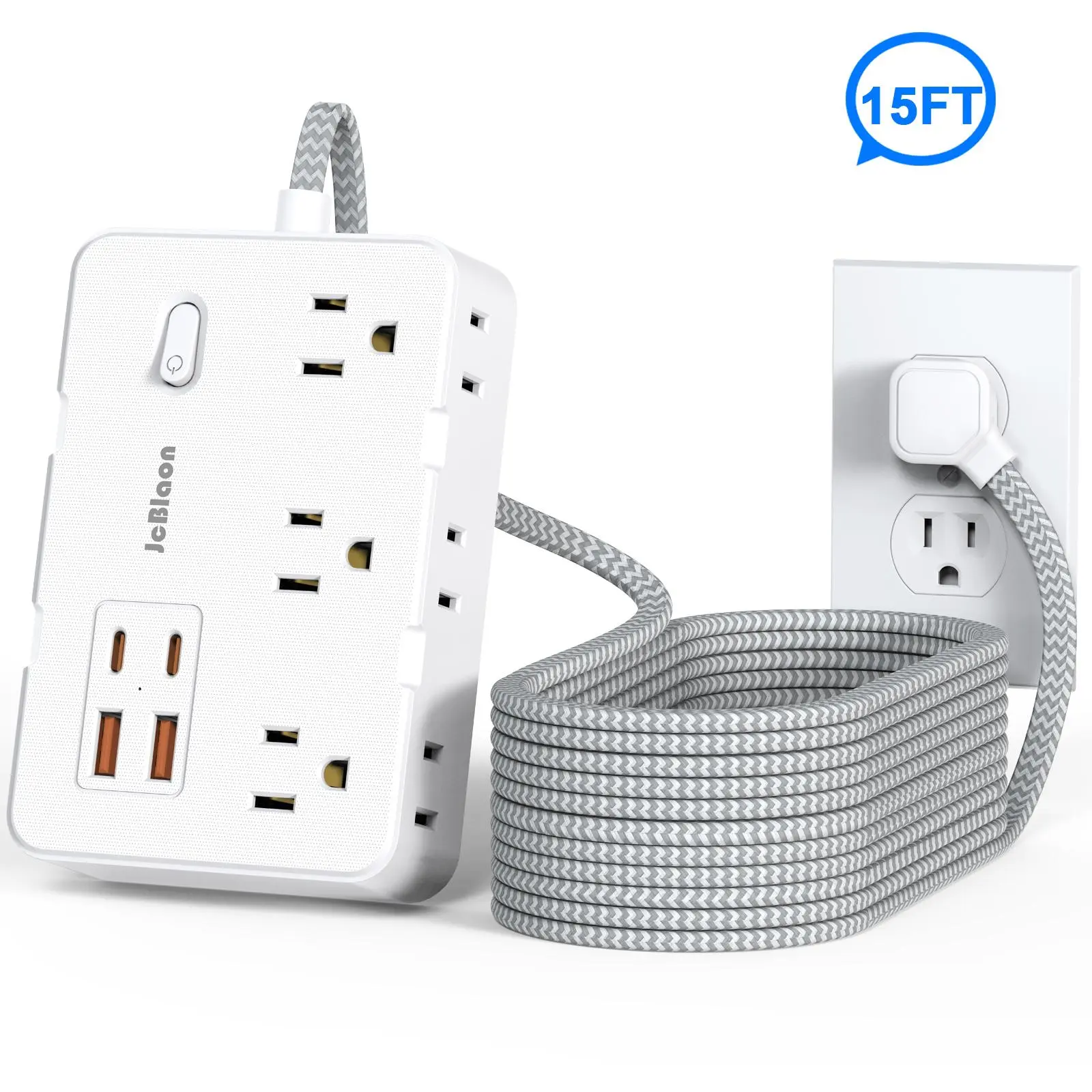 Wall Mountable Surge Protector, Power Socket Extender, Multiplug Wall Outlet, Multi Plug Outlet, 6 Widely Outlets & 4 USB Ports (2 USB C), 2-Side Extender, 15ft Flat Cord for Travel, Office, Dorm, Home, Surge Protector Power Strips Multiple Outlets