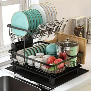 2-tier Stainless Steel Dish Drying Rack, Kitchen Counter Organizer with Cutlery Holder, Dish Drying Rack for Dishes, Bowls, Cutlery and Spoons