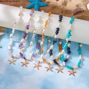 Boho Mermaidcore Starfish & Conch Jewelry Set - Natural Seashell Beach Necklace & Stackable Bracelet Duo, Summer Vacation Island Wear for Women