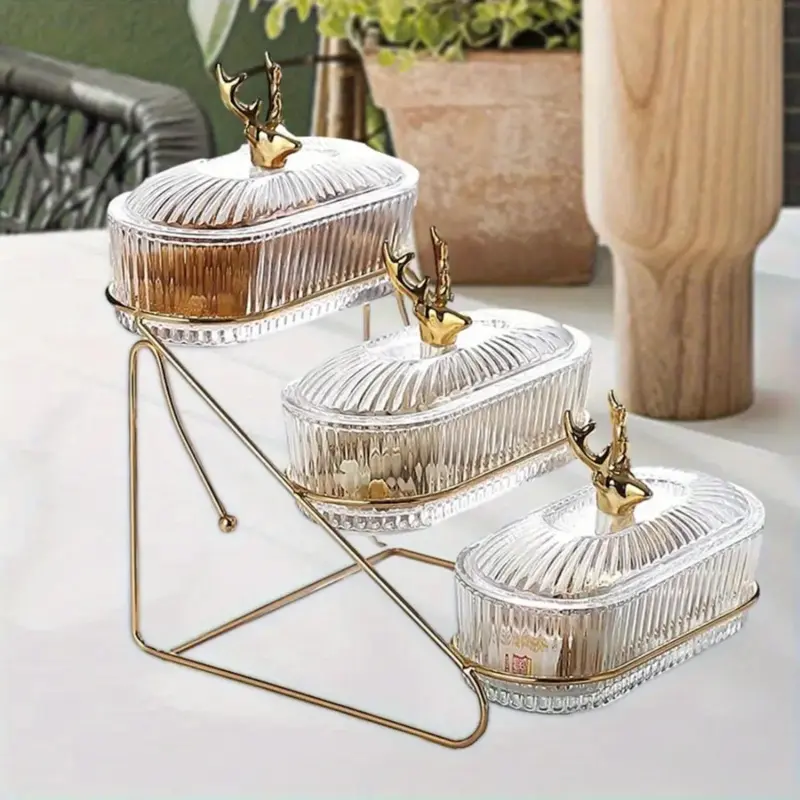 Elegant 3-Tier Round Serving Tray with Flip-Top Lid, Sturdy Iron Frame & Plastic Center, Leakproof, Easy-Clean Snack Display for Fruits, Nuts, Dry Fruit Serving Tray, Serving Dishes, Kitchen Organizers And Storage, Food Storage Containers with Lids