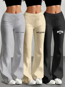 Women's Casual Everyday Fashion Long Pants Set, Fitted Drawstring Waist Design, Adjustable Fit, Milk Silk Yoga Pants, Wide Leg Micro Flare, All Seasons Wear