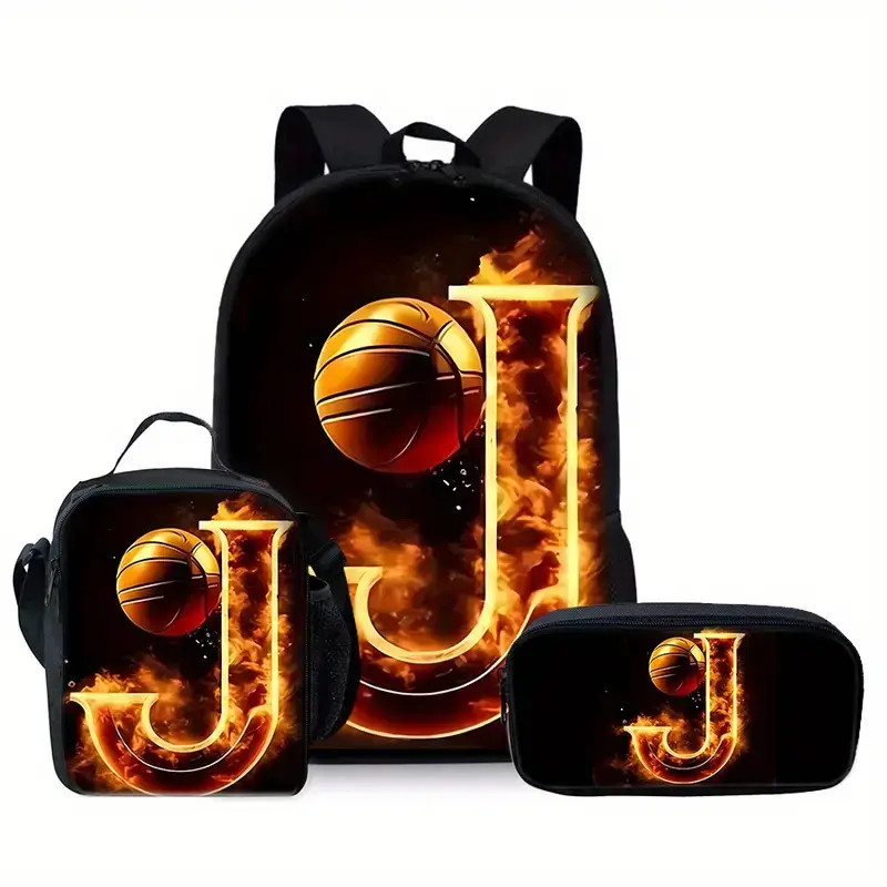 Boys 3-Piece Flame J Basketball Backpack Set, Waterproof Polyester School & Sports Bag with Insulated Lunch Tote and Pencil Case, Youth, Athletic Look, Flame J Print