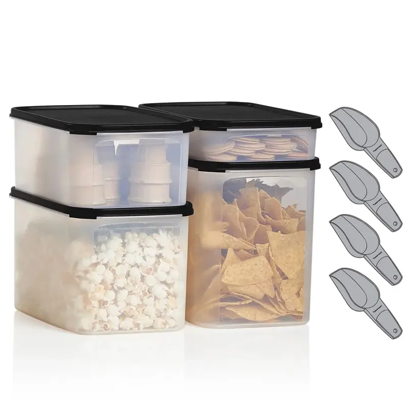 Modular Mates Rectangle - Set of 4 Clear Storage Containers with Black Lids for Snacks and More