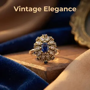 Women's Vintage Cluster Style Blue Stone Colored Gemstone Sapphire Ring - Elegant Synthetic Sapphire and Cubic Zirconia Eye-Catching Cocktail Ring, Vintage Rings, Sapphire Rings