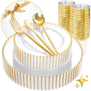 180Pcs Clear Gold Dinnerware Set,Clear with Gold Beads,Clear Disposable with Silverware and 10oz Cups for Wedding//Valentine's Day