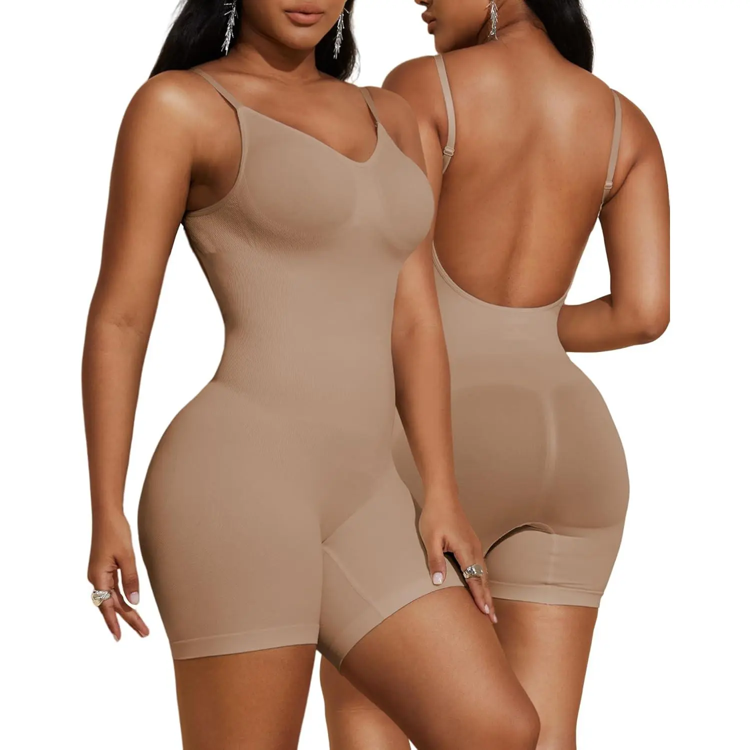 Women's Backless Shapewear Bodysuit Tummy Control Shorts Seamless Body Shaper Light Body Sculpting Low Back Compression Full Body Underwear Cami Top Beige Minimalist