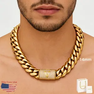 18K Gold-Plated Cuban Link Chain Stainless Steel Iced Out Initial Letter Clasp Necklace For Women And Men Hip Hop Jewelry With Gift Box