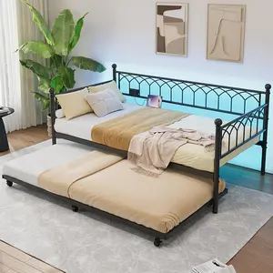 Daybed with Trundle, Metal Twin Trundle Bed with Charging Station & LED Lights, Sofa Beds Frame with Pull Out Bed for Guest Room, Apartment,BLack