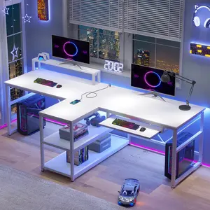 94.5 Inches T Shaped 2 Person Gaming Desk with Storage White
