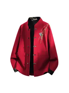 1 PC Men's Lightweight Spring Chinese-style Long-Sleeved Coat with Traditional Chinese Floral Leaf and Bird Embroidery, New Chinese-style Long-Sleeved Coat, Ethnic Han Costume, with Pockets and Rope Buckles