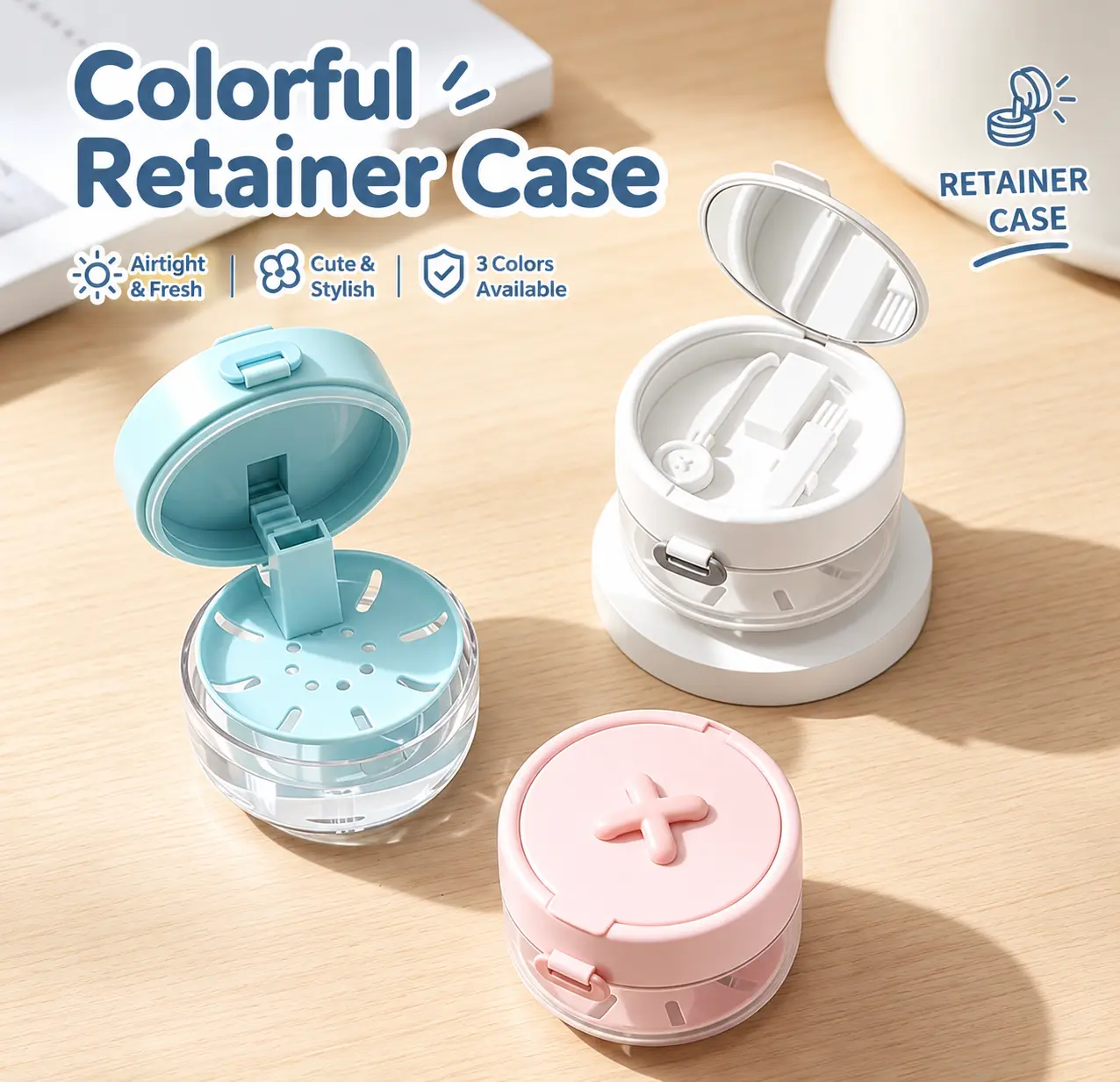 3-in-1 Retainer Case with Cleaning Tray, Mirror & Remover Tool – Portable Retainer Cleaner & Storage Case Box Brush Standing