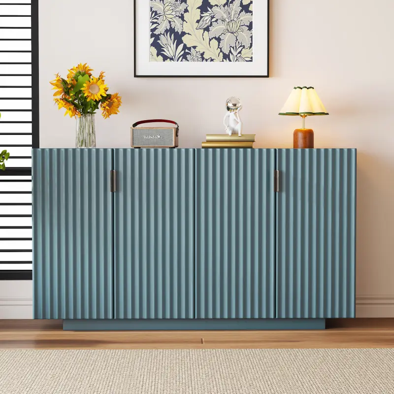 Antique Blue Buffet Cabinet - 4 Fluted Door Credenza with Adjustable Shelves for Dining & Living Room
