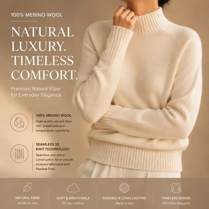 KK9703 Women's 100% Wool Sweater Seamless Knit Half-Turtleneck | Women's Sweater, Wool Jumper Knitwear Womenswear