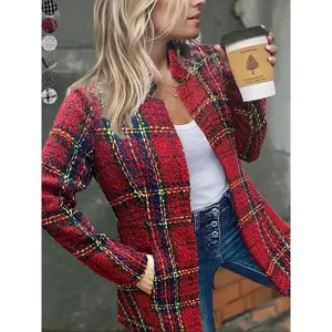 Women’s multicolor boucle casual plush coat with a fitted design for fall and winter, featuring cozy woven fabric outerwear for stylish comfort