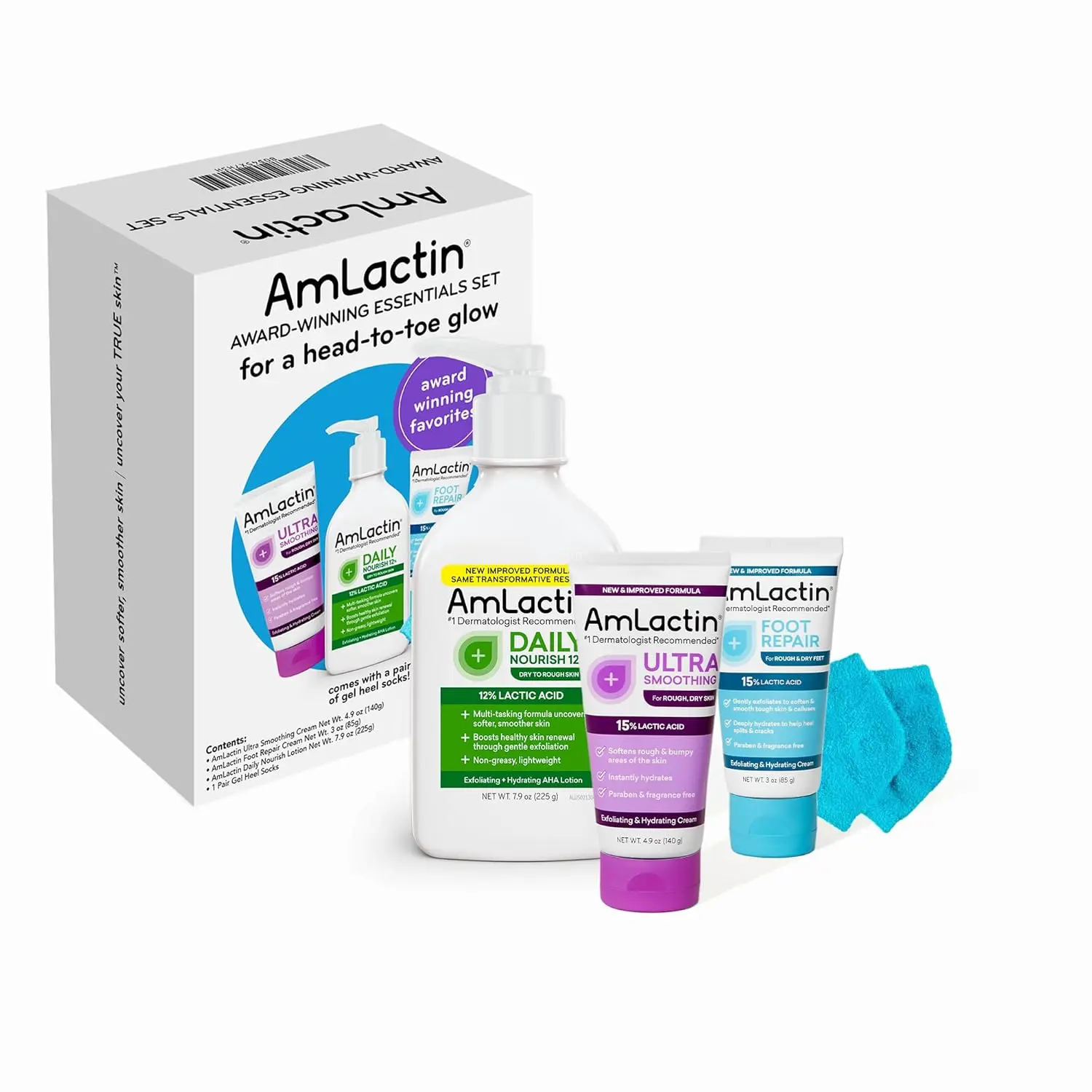 Amlactin Essentials Skin Care Set, Lactic Acid Body & Foot Care | Lactic acid skin care set with body lotion, smoothing cream, foot cream and socks to exfoliate, moisturize and renew skin.