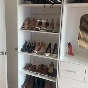 Cyclysio 75” Closet System with Shoe Rack and Hanging Rods, Modern Walk-in Closet Organization Wardrobe with Wooden Drawers and Mirror and Shelves