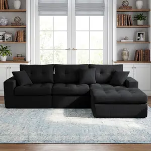 113-inch L-shaped modular corner sofa set with a cloud-style fabric cushion surface, deep seat design, includes a 4-piece compressed frame-less sofa set, movable low stool, four throw pillows, and a headrest pillow.
