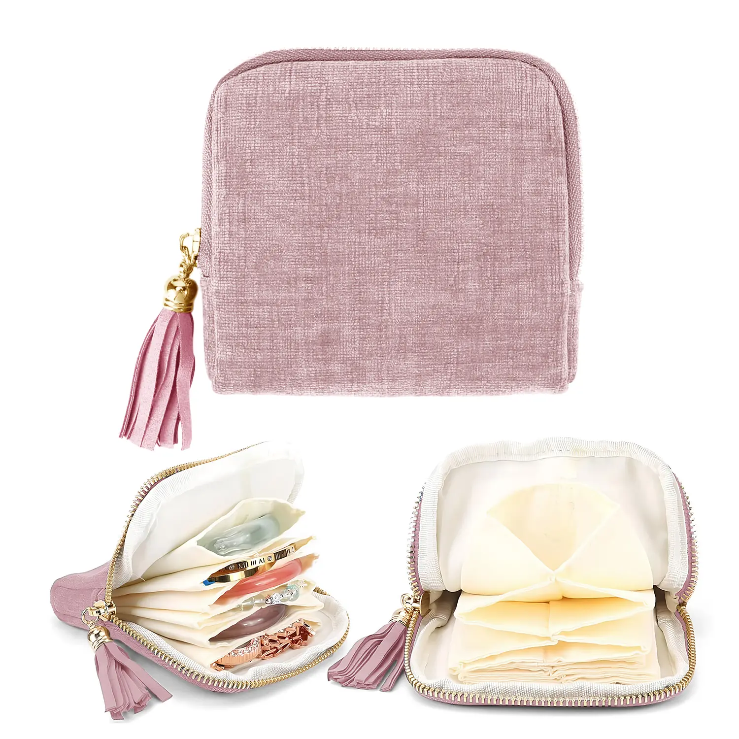 Travel Jewelry Organizer Bag with Zipper, Portable Velvet Jewelry Storage Pouch with Tassel, Multi-Compartment Case for Rings, Earrings, Necklaces and Bracelets, Compact Travel Jewelry Case for Women Accessories Storage,back to school,back to school haul
