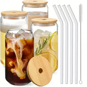 4-Pack 18.6oz Glass Cups with Bamboo Lid, Straw, & Brush, Transparent Design for Drinks, Juice, Milk, Tea, Ideal for Restaurants & Parties, Glass Cup Set