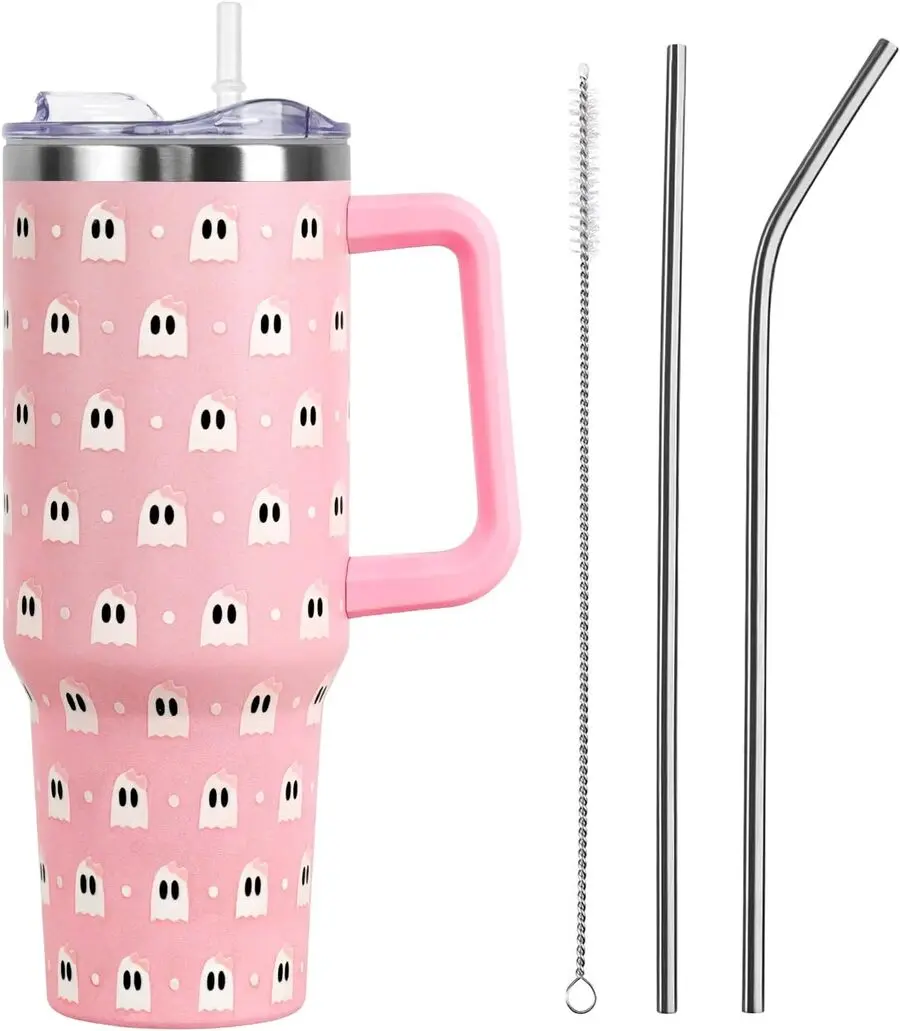40oz (1,000-2,000 ml) Reusable Stainless Steel Insulated Thermal Tumbler with Leak-Proof Lid and Straw - Gothic Pink Pumpkin Ghost Mushroom Design, Halloween Fall Kitchenware Drinkware, Goth Spooky Gift for Moms, Ideal for Bbqs