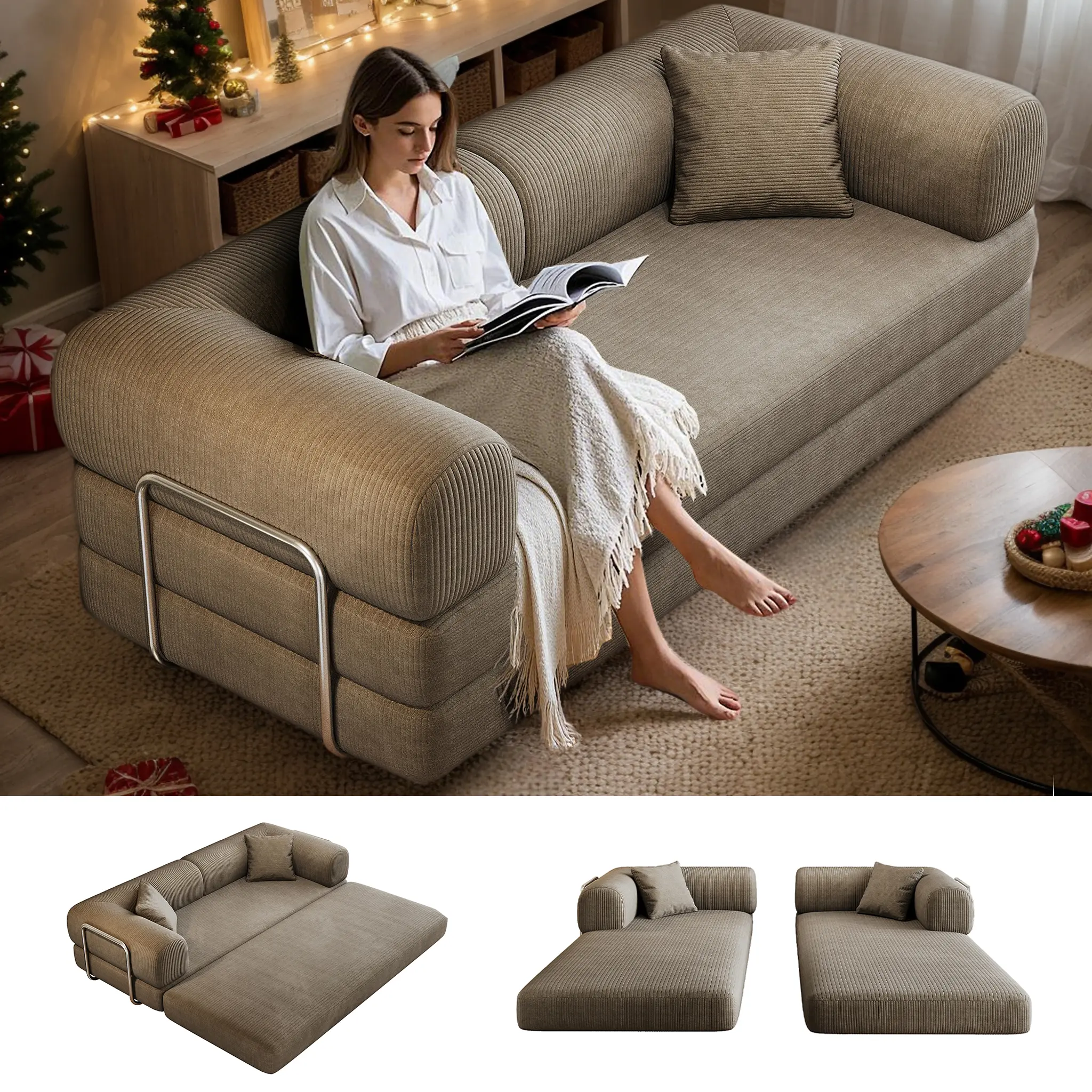 EYISEAN 78x78 in Corduroy 4-in-1 Convertible Sofa Bed, King-Size Boneless Loveseat with Fixed-Shape Frame, High-Density Foam, No Assembly Required, Modern Floor Mattress for Living Room, Small Space (72-Hour Recovery)