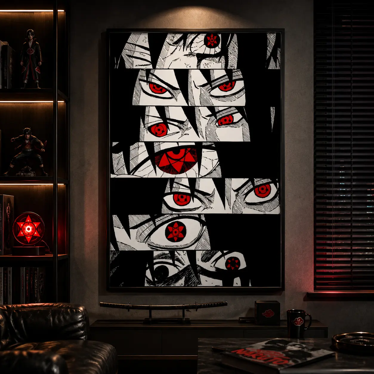 Black White Manga Style Iconic Red Anime Eyes Collection Framed Canvas Print, Dark Japanese Comic Special Eye Series Wall Poster, Cool Gothic Aesthetic Decor Gift for Anime Fans, Wall Art for Game Room Man Cave Bedroom Living Room Office