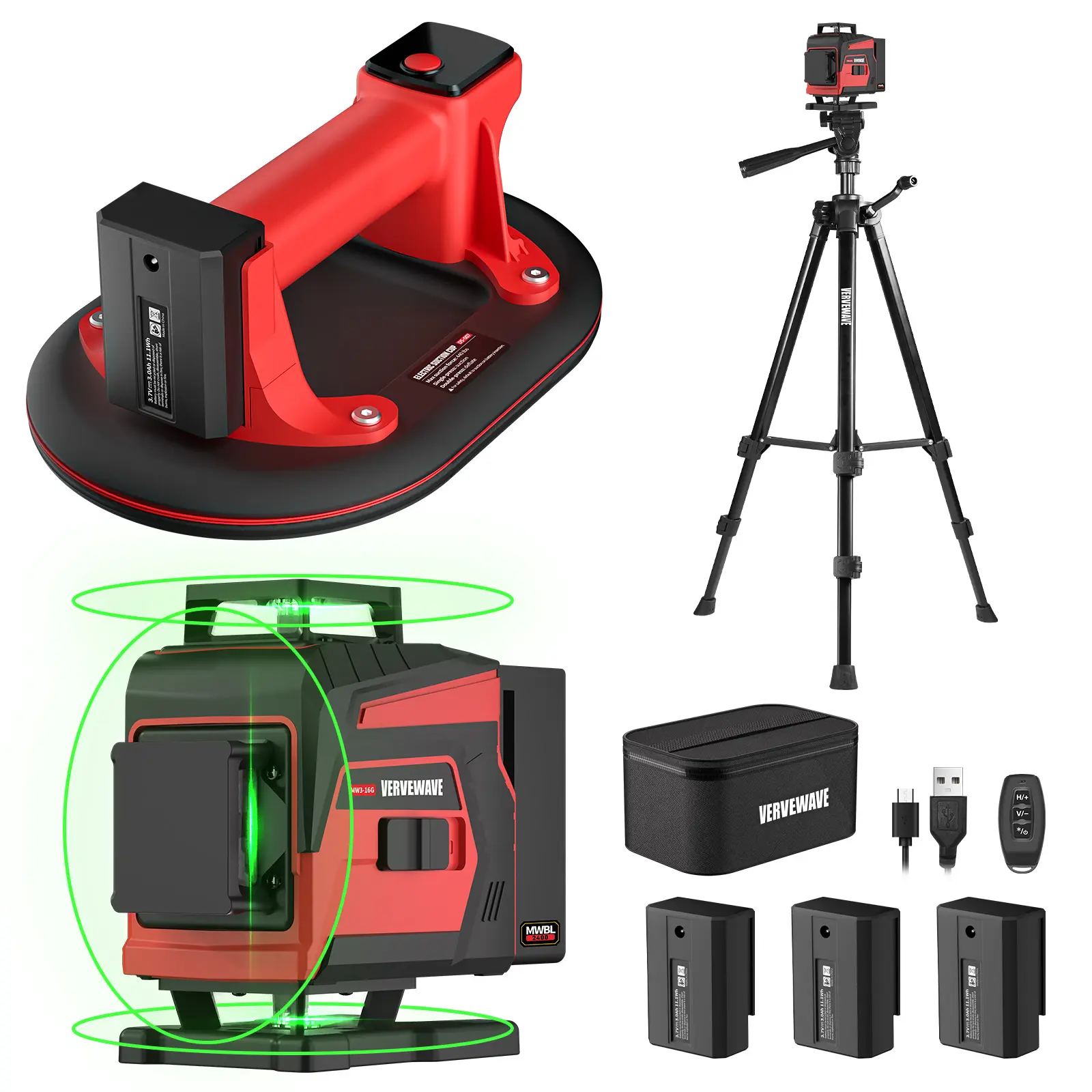 Vervewave 16 Line 4x360° Green Laser Level Set with 49.2" Tripod + 440 lbs Power Active Tile Lifter, Industrial Grade Construction & Tiling Tool Combo Kit with 4 Battery Packs, Top Gifts for Men Husband