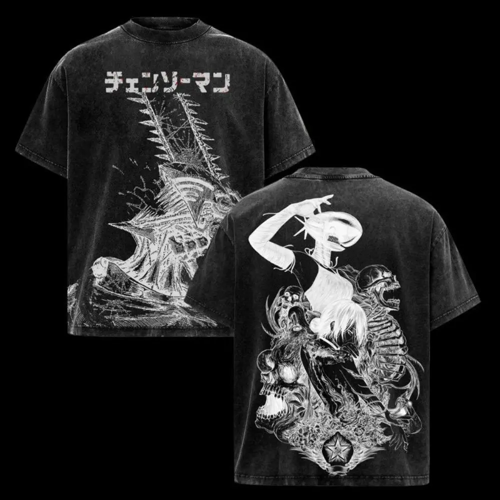 Denji x Reze Chainsaw Man Anime Double Printed Vintage Washed Tee Unisex Oversize Anime Manga Washed Heavyweight Cotton T-shirt Chainsaw Man merchandise, streetwear, men's graphic T-shirts