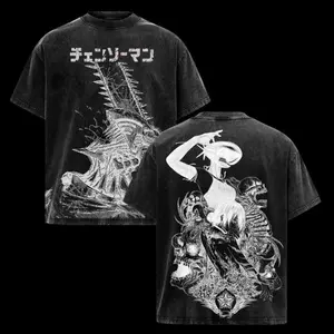 Denji x Reze Chainsaw Man Anime Double Printed Vintage Washed Tee Unisex Oversize Anime Manga Washed Heavyweight Cotton T-shirt Chainsaw Man merchandise, streetwear, men's graphic T-shirts