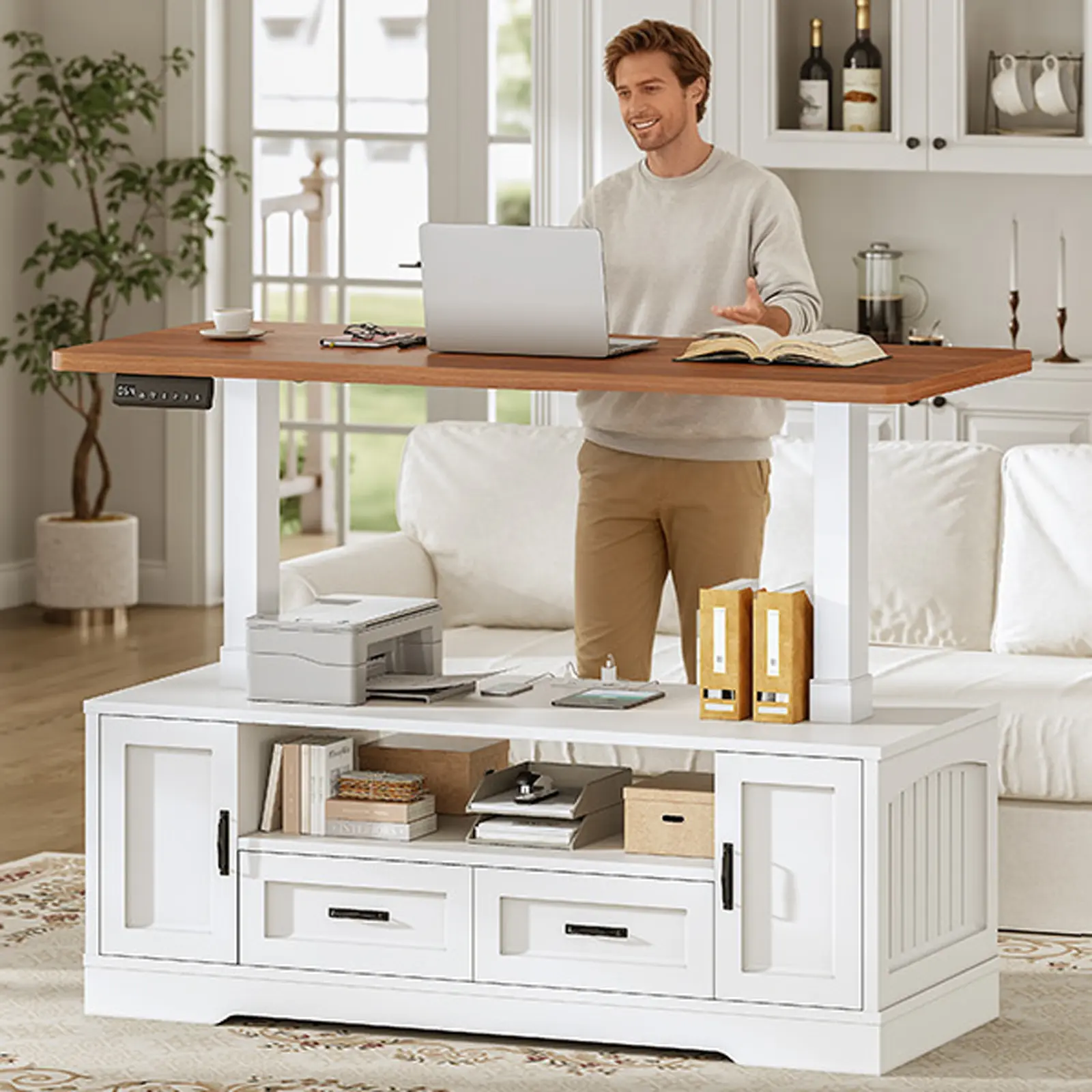 Sedeta 47.2" Farmhouse Electric Standing Coffee Table - Height-Adjustable Lift-Top Console Table with Storage Drawers, Open Shelves, Power Outlet, Built-In Convertible Elevated Design for Living Room, Built-In Coffee Tables, Convertible Coffee Tables