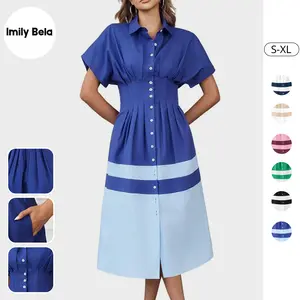 Fessceruna Womens Summer Button Down Shirt Dress Casual Color Block V Neck Short Sleeve Corset Maxi Dresses