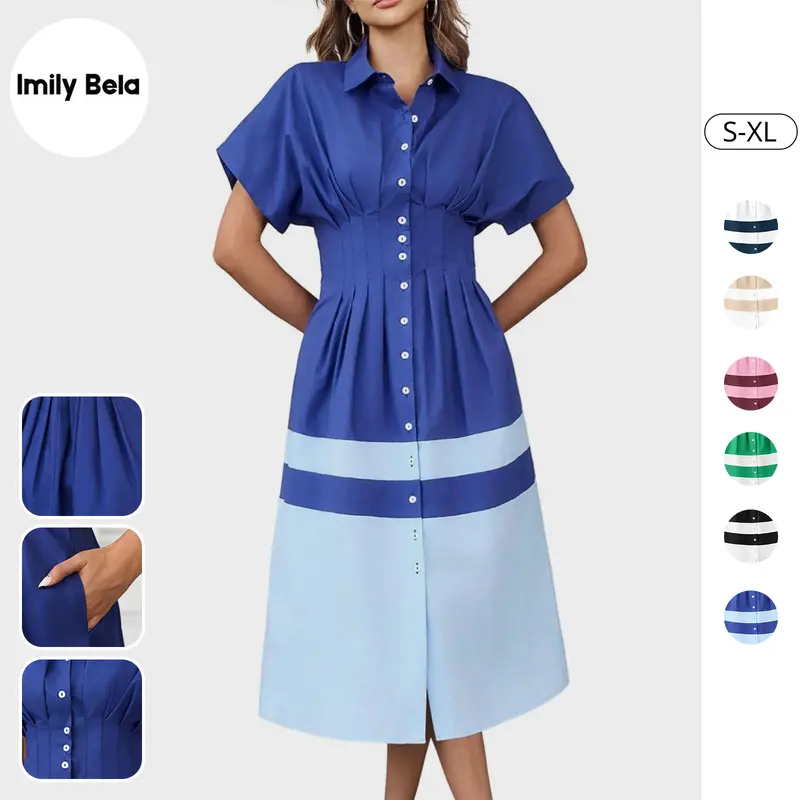 Fessceruna Womens Summer Button Down Shirt Dress Casual Color Block V Neck Short Sleeve Corset Maxi Dresses