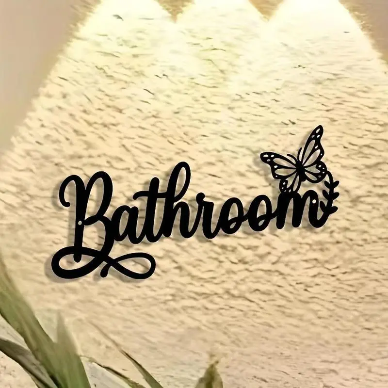 Butterfly Design Bathroom Sign, Vintage Metal Sign, Decorative Plaque, Wall Art Sign, 2D Butterfly Letter Bathroom Door Decor, Removable Wall Decor for Home Office Living Room Bedroom, Home Decor Products