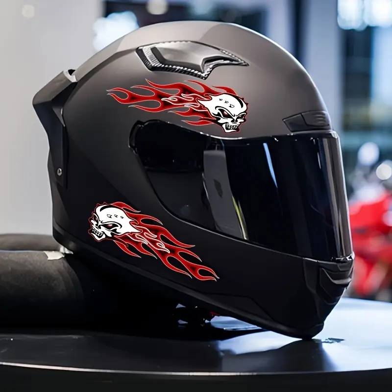 2D Flat Motorcycle Helmet Stickers 4-piece Set Flame Skull Motorcycle Stickers, Suitable for Scratch Resistant Modification of Fuel Tanks, Side Panels, and Racing Helmets with Vinyl Decals, Making It The Perfect Gift for Motorcycle Enthusiasts