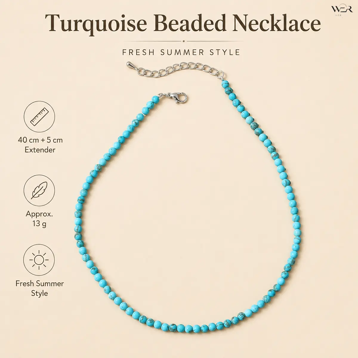 Turquoise Beaded Necklace for Women, Elegant Casual Feminine Jewelry, Lightweight Accessory for Daily Wear or Special Occasions, Female, 13 G, Comfortable, 40Cm, Beach Boho Necklace, Turquoise Jewelry, Beaded Necklaces